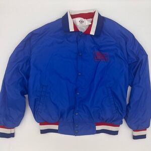 Vintage Bud Light Satin Bomber Jacket XL Blue USA Snap Front 80s Beer Promo